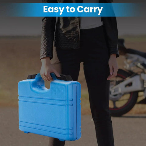 Person holding blue carrying case of Wheel Bearing Removal And Installation Tool Kit VT102 For Harley Davidson 2000 And Up Motorcycles.