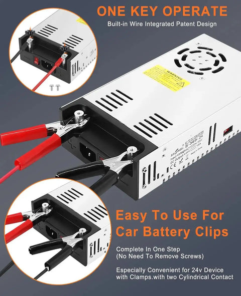 24V 360W DC Power Supply Universal 110V AC to DC 24V 15A Converter with aluminum alloy shell and alligator clips