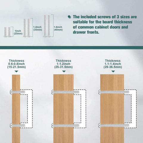 Diagram showing 5 Pack Polished Chrome Cabinet Pulls Solid Zinc Alloy Drawer Pulls Square Bar Kitchen Cupboard Handles with screw sizes for board thickness categories.