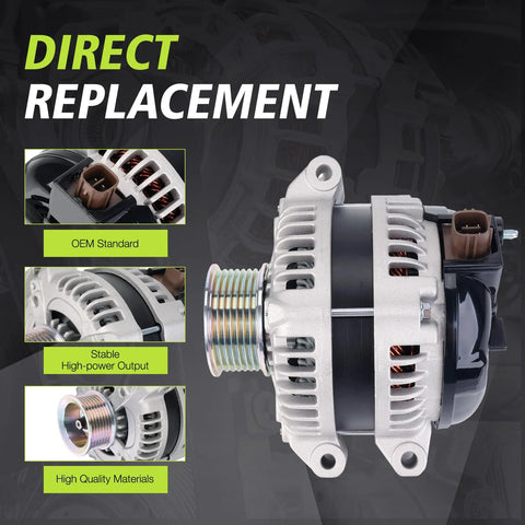 Side view of Drop In Ready Alternator Replacement For Acura CSX 2.0L TSX 2.4L Honda Accord 2.4L Civic 2.0L CR V 2.4L Element 2.4L 2003 2011 Interchange 13980N 31100RAAA01 13980 11503 11019 CSC29 CSD73, displaying metal housing and pulley with wiring connections.