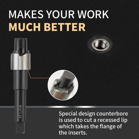 Pro Grade Stainless Steel M10x1.25 Thread Repair Kit with 14mm inserts, showing counterbore design and thread insert detail