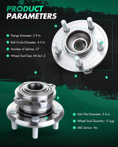 Front Wheel Bearing Hub Assembly Kit For AWD Dodge Charger Challenger Magnum Chrysler 300 5 Lug Direct Fit With ABS No ABS 2 Pack Premium Quality OE Replacement showing product parameters and design details.