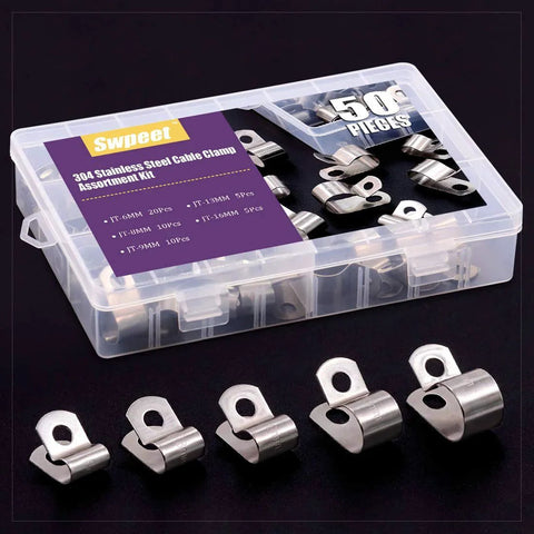 50Pcs 304 Stainless Steel Cable Clamps Assortment Kit Without Rubber Cushioned Clamps Includes 6mm 8mm 9mm 13mm And 16mm Sizes Durable Metal Tube Holders For Tubes Pipes And Wires Installation Ideal For Home Workshop And Industrial Cable Management