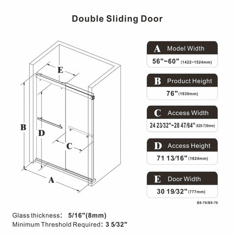 Frameless Double Sliding Shower Door With Adjustable 56 To 60 Inch Width And 76 Inch Height, 8mm Clear Tempered Safety Glass, Matte Black Stainless Steel Hardware, Reversible Left Or Right Door, Modern Bathroom Upgrade shown with dimensions.