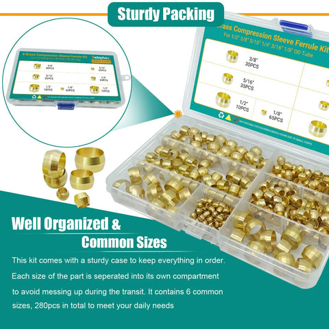 Amazon brass compression ferrule kit, 280pcs, six sizes (1/8–1/2 in) for air, water, fuel lines