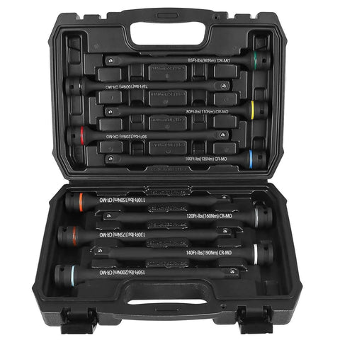 1/2" Drive Torque Limiting Extension Bar Set, 10PCS Torque Stick Set with 8in Color-Coded 65 to 150 Ft-Lbs in case