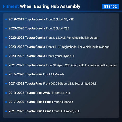 Fitment guide for wheel bearing hub assembly listing Toyota Corolla 2019-2022 and Prius 2016-2022 models.