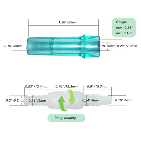 Oxygen tubing swivel connector, teal plastic, 360-degree rotation with female end; 1.38 in long for cannula or tube.