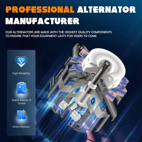 Illustration highlighting features of a Premium 70 Amp 12V CW Alternator For Toyota 4Runner 1985-1992 2.4L Celica 1985 2.4L Pickup 1985-1991 2.4L Auto 1992 Only IR Regulator V1 Pulley Plug And Play Easy Install Reliable Replacement.