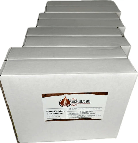 Forty Tubes Of Fourteen Ounce High Temp Moly Number Two Grease With Calcium Sulfonate Thickener Built For The Long Haul In Construction Mining Agriculture And Fifth Wheel Applications in stacked boxes