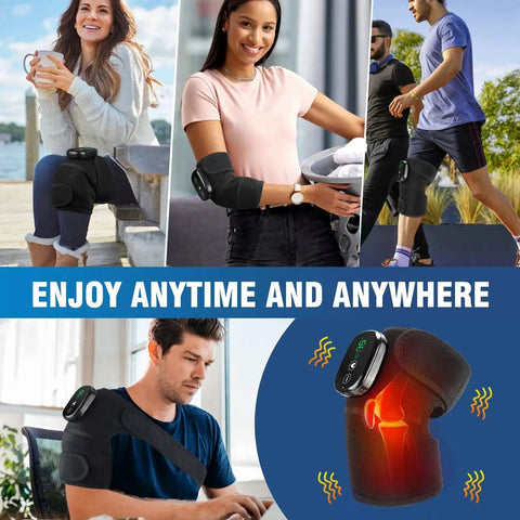 Collage of people using All In One Heated Massager With Heat And Vibration For Knees Shoulders Elbows And More Adjustable Straps Pain Relief Arthritis Support Portable Knee Brace And Spa Quality Massage At Home in various settings.