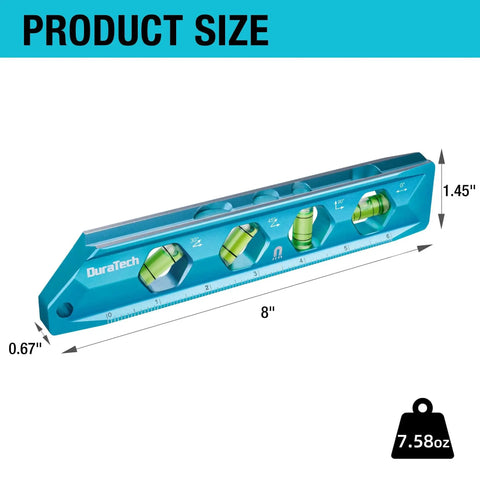 High Visibility 8 Inch Magnetic Torpedo Level With Four Bubbles 0 Degree 30 Degree 45 Degree And 90 Degree V Groove Large Viewing Window Aluminum Alloy Body Hanging Hole SAE And Metric Scale For DIYers And Home Projects Duratech