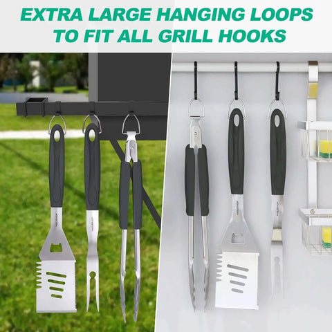 Heavy Duty BBQ Tool Set With Spatula, Fork And Tongs In Premium Stainless Steel hanging on grill hooks outdoors