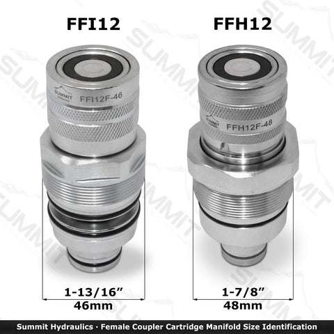 Summit Hydraulics female flat-face quick coupler cartridge manifold, two shown: FFI12F-46 and FFH12F-48, metal.