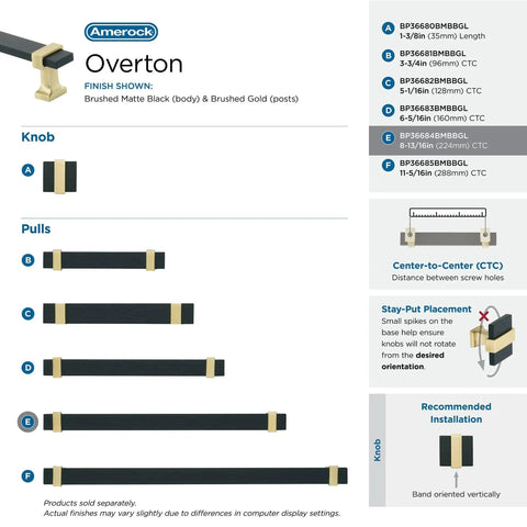 Overton Two Tone Cabinet Pull in Brushed Matte Black and Brushed Gold, 8-13/16 Inch Center to Center, product specifications and sizes.