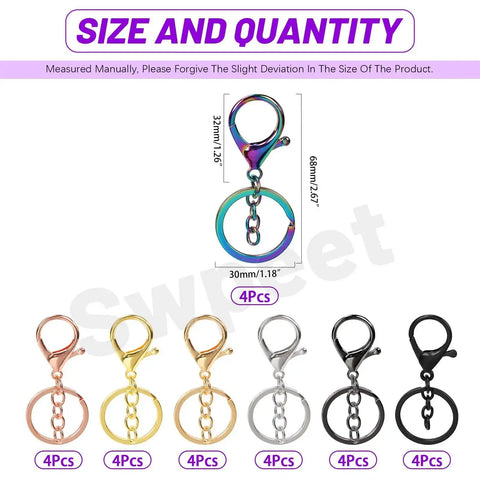 7-color lobster claw keychain set with 68mm clasps and 30mm rings for DIY crafts, bags. 28Pcs 7 Color Lobster Claw Clasps With Key Chain And Flat Split Keychain Ring Set For Purses, Bags And DIY Crafts, Includes 68mm Clasp Length And 30mm Ring Diameter In Vibrant Colors.