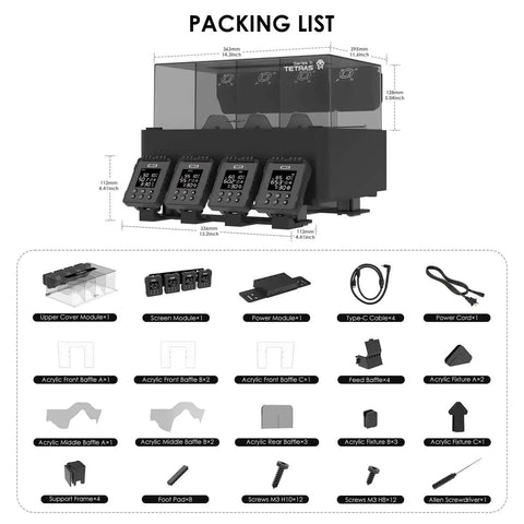 Packing list for Four Independent Filament Drying Chambers For Bambu Lab AMS with components and dimensions