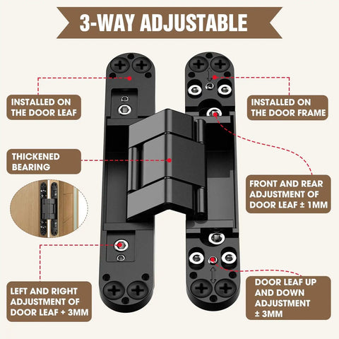 Hidden Door Hinges 6 Inch Black Invisible Door Hinge With 3 Way Adjustable Butt Hinge And 180 Degree Swing Concealed Zinc Alloy
