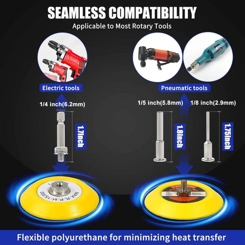 Diagram of rotary tool compatibility with 3 Inch Sanding Disc Kit For Drill Polishing Wet Dry Headlight Restoration, showing shank sizes.