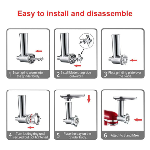 Installation guide for Metal Meat Grinder Attachment For KitchenAid Stand Mixers with step-by-step assembly instructions.