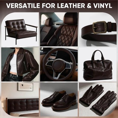 Dark Brown Leather Recoloring Balm for Scratch Repair and Color Restore, 10 Oz Restorer for Leather Couches, Car Seats, Furniture, Auto Interior, Vinyl and Accessories displayed with various leather items.