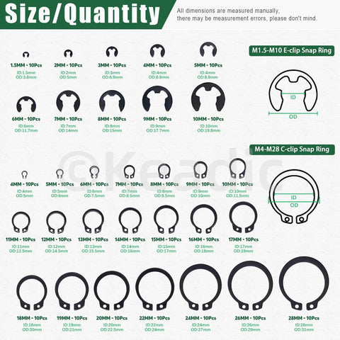 Diagram of All In One Snap Ring Kit For M4 To M28 External C Clips And E Clips With Pliers And Tweezers 312Pcs showing sizes.
