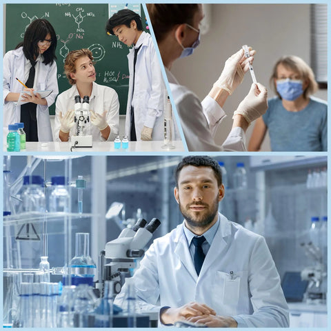 2ml sterile glass injection vials in a laboratory, with scientists and equipment on the bench.