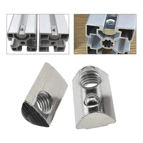 M8 Roll In T Slot Nuts For 4040 Aluminum Extrusion, spring ball loaded, nickel plated, shown with aluminum profile rail