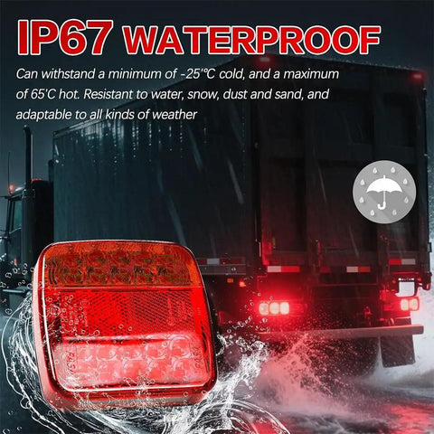 Close-up of magnetic wireless LED trailer tail light with red lens, IP67 waterproof