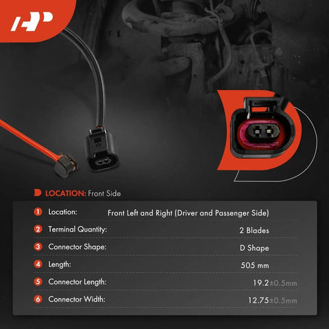 Front view: A-Premium 2-pc brake pad wear sensor set for Porsche Cayenne 2019-2024; black sensors with orange wires