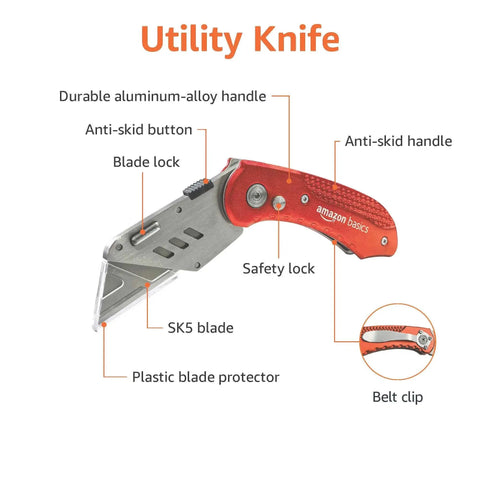 Folding Utility Knife With Back Lock Lightweight Aluminum Handle Red Box Cutter shown with features and safety lock