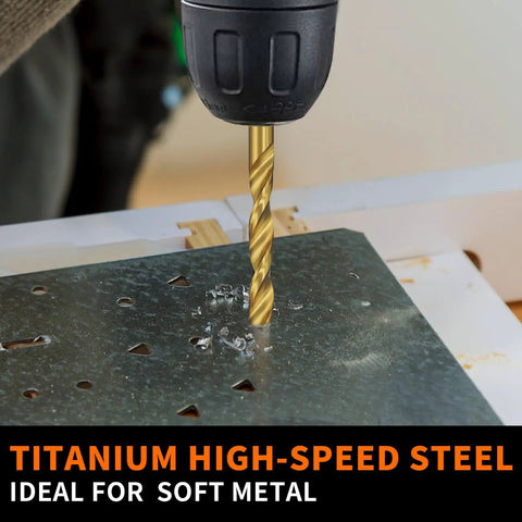 Close-up of drill using Titanium Coated Drill Bit Set For Metal, Wood, Plastic And Aluminum By ENERTWIST, making holes in metal.