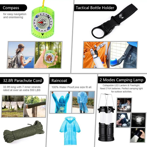 Survival Kit Backpack Prepper Ready With 151 Piece Emergency Gear And First Aid Supplies features compass, bottle holder, cord, raincoat, lamp.