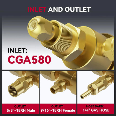 ARCCAPTAIN Argon CO2 regulator, CGA580 inlet, gold finish; 5/8-18RH male and 9/16-18RH female outlets, 1/4 in hose barb.