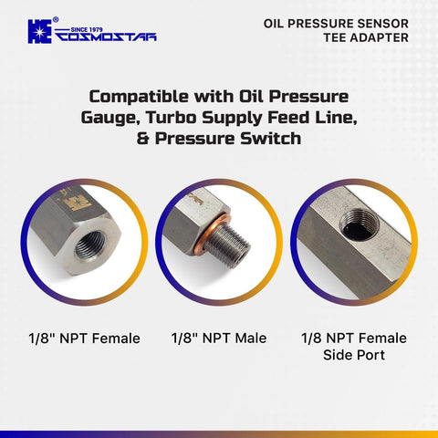 Cosmostar 1/8 NPT stainless steel tee oil pressure sensor adapter; 304 SS fitting with female, male and side port.
