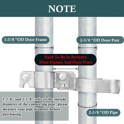 Heavy Duty Gate Hardware Kit For 1-3/8 And 2-3/8 Inch Pipe, Includes Sturdy Hinges And Padlock Latch, shown installed on pipes