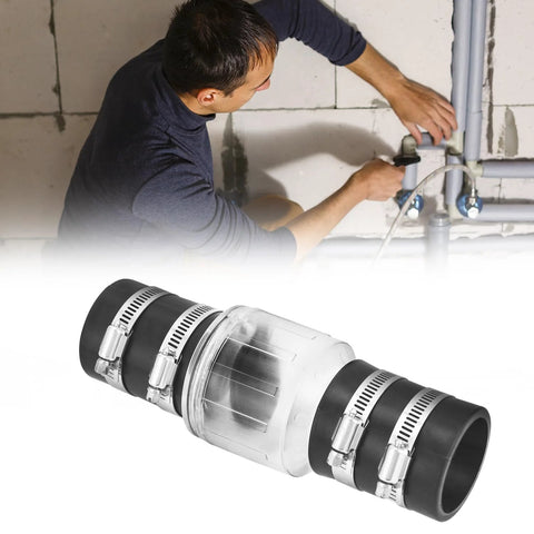 QWORK CV-150 1-1/2 inch silent check valve with clear body, Buna-N couplings, and steel clamps