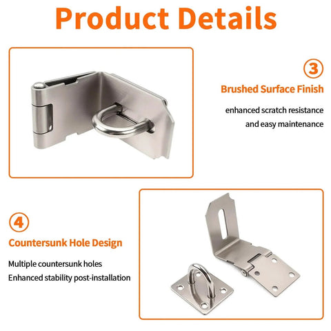 4 Inch Door Hasp Latch 90 Degree Stainless Steel Right Angle Padlock with brushed silver finish and countersunk hole design