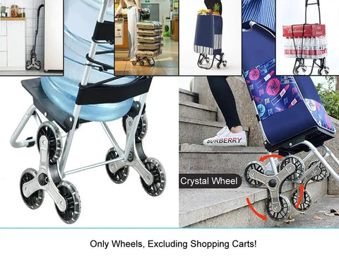 Replacement Stair Climbing Wheels For Shopping Cart And Laundry Trolley, Triangle Rubber Wheels For Foldable Cart, shown on stairs