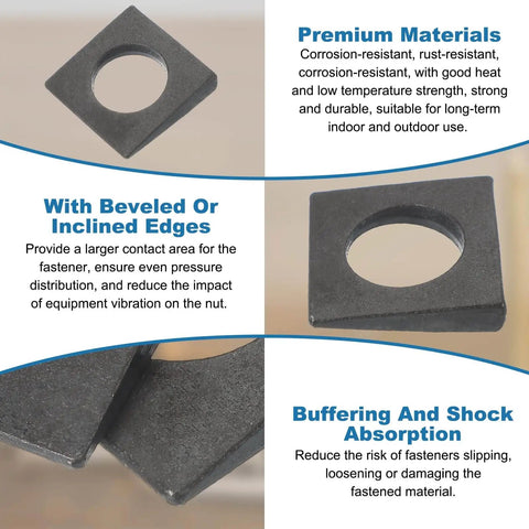 Beveled Square Washers M18 For Shim Leveling 5 Pc Pack 20 Mm Inner Diameter 40 By 40 Mm Outer Size Thick 3 To 9 Mm Plain Carbon Steel Black Finish Fastener Hardware displayed with premium features highlighted.