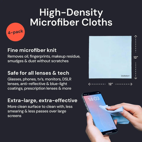Microfiber Cleaning Cloth 12x12 4 Pack Blue for Screens and Glasses with phone and product details displayed.