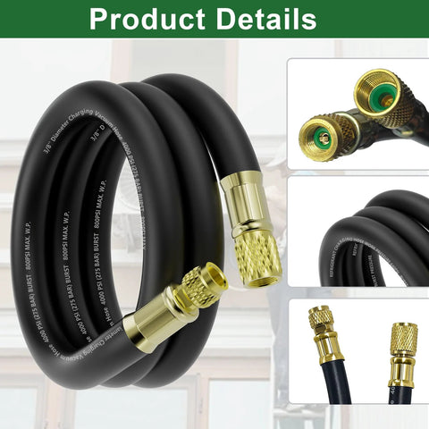 HVAC vacuum hose, 6 ft, 3/8 in ID, black high-flow with brass 3/8 to 1/4 in fittings; 800 psi working, 4000 psi burst