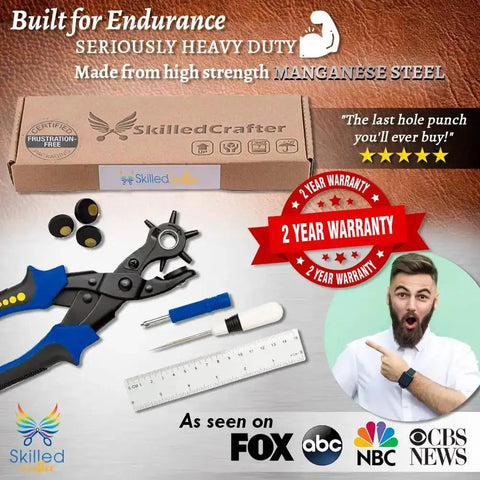 Leather Belt Hole Punch Set With Case Heavy Duty Revolving Punch In Six Hole Sizes Includes Ruler And Awl Tool Pro Grade Kit