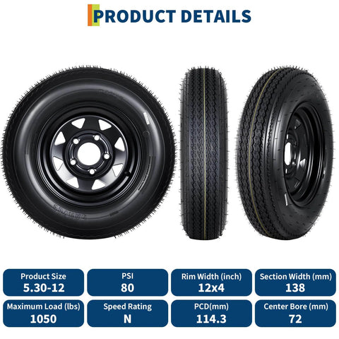 2-Pack 5.30-12 Trailer Tires With 12 Inch Rims, 5 Lug On 4.5 Inch Bolt Pattern, 6 Ply Load Range C Heavy Duty for Trailers