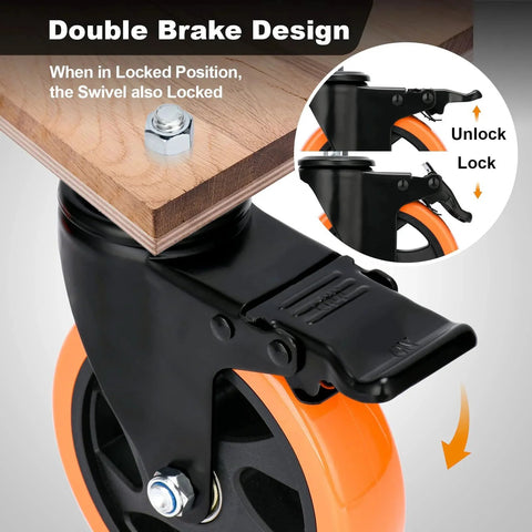 5-Inch Stem Caster Wheels With Brakes, Dual Locking Swivel Casters, 1500 Lbs Capacity, close-up showing brake mechanism