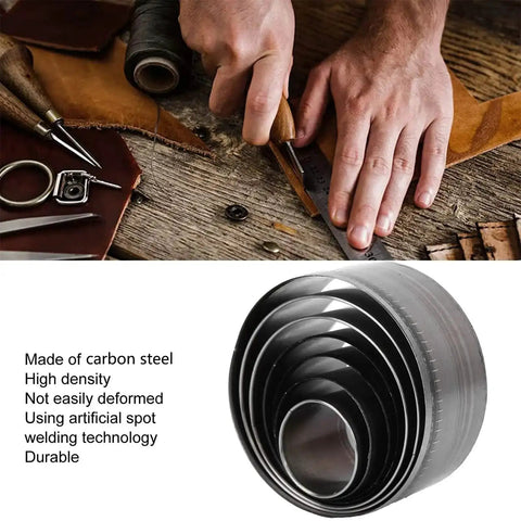 Leather Hole Punch Die Set 7 Piece Round Cutter Kit For Handmade DIY Leather Craft on wooden table with tools and leather