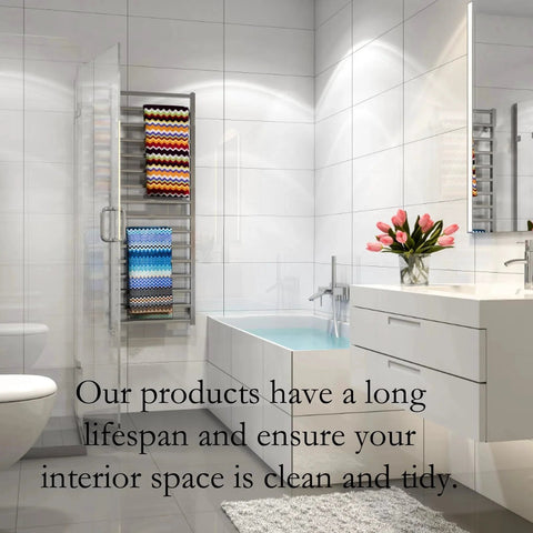 Modern bathroom with a white tub, sink, and towel rack. Text overlay states longevity of products for clean spaces. Tulips on the counter.