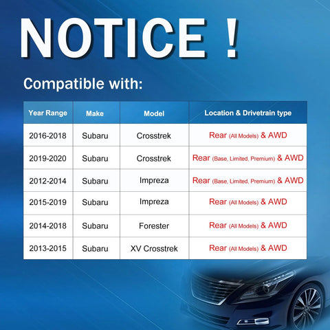 Compatibility chart for Subaru vehicles showing year, make, model, and drivetrain for Rear Wheel Bearing And Hub Assembly Replacement 512518.
