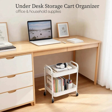 Two Tier Under Desk Storage Cart On Wheels With Built In Handle And Four Side Hooks under desk with books and headphones