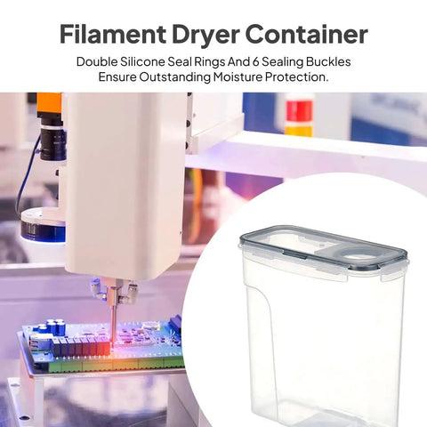 Image of a 4L Filament Drying And Storage Box For 3D Printers with dustproof and waterproof features next to a 3D printing setup.